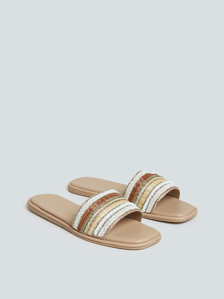 LUNA BLU Tan Embellished Artisanal Slides